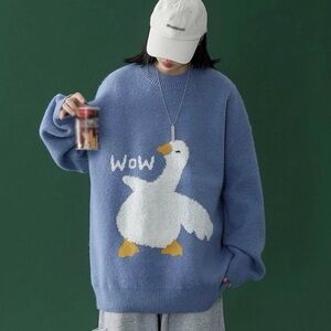 Aelfric Eden Sweater Adult Oversized Small Blue Duck WOW Crewneck Knit Pullover